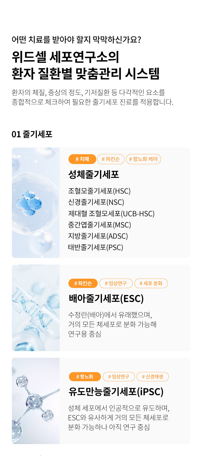 위드셀, 줄기세포종류, 줄기세포치료종류